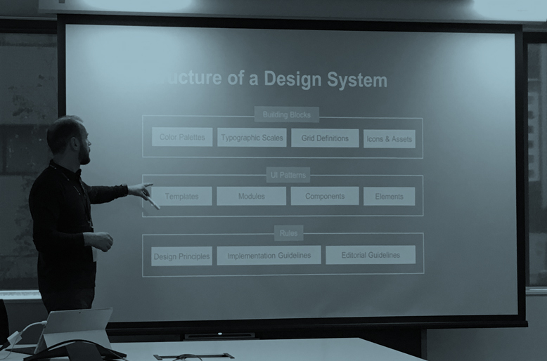 Mark Kirkpatrick presenting at initial Design System work overview in 2018